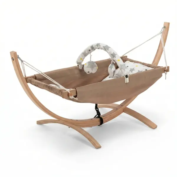 Hamac pentru copii cu suport Bliss, Maro - Albastru inchis, 66x62x147 cm
