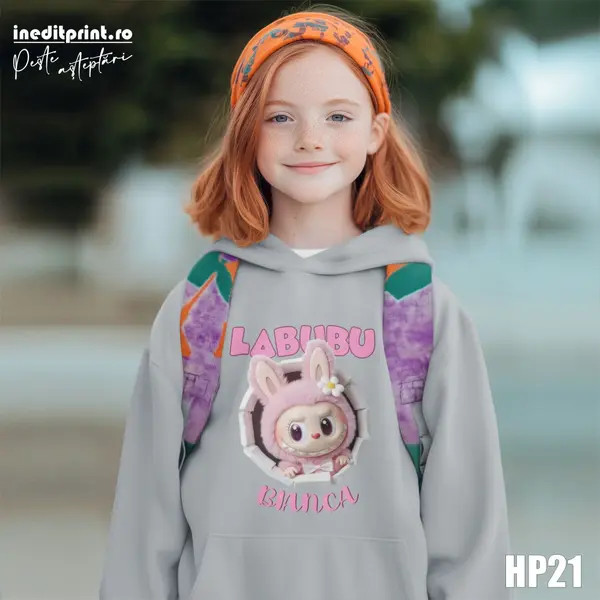 Hanorac Personalizat Copii Labubu HP21 7-8 ANI, Gri