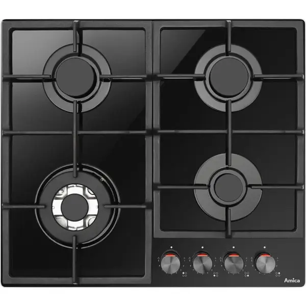 hansa Plita pe gaz Amica PGCD6101APFB, gaz pe sticla, 60 cm, comenzi frontale, gratare de fonta, arzator WOK, flame control, 9 trepte de putere, Negru