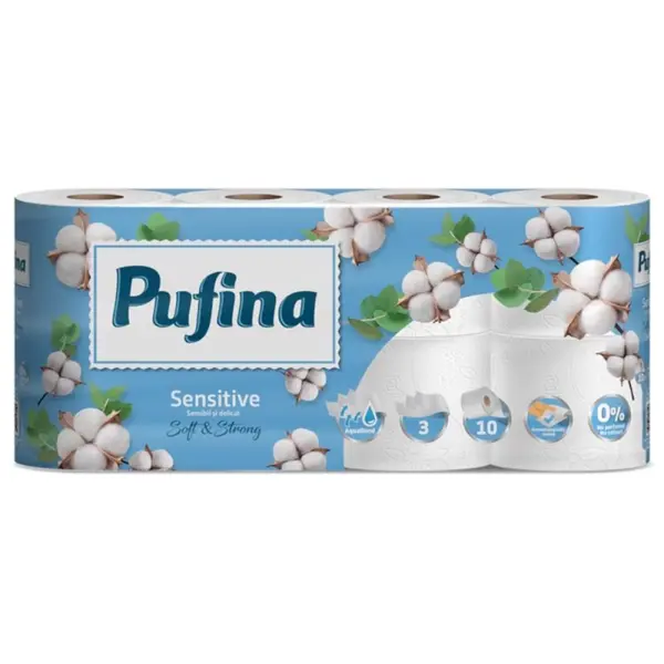 Hartie Igienica Pufina Lux, Alb Sensitive, 3 Straturi, 10 Role