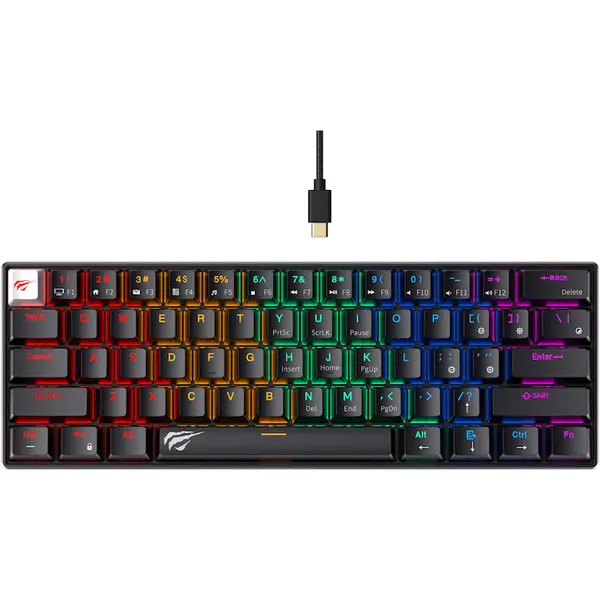 HAVIT Tastatura gaming mecanica HAVIT KB903L, 61 taste, full anti-ghosting, US Layout, switch-uri Red, Conectare type C, Negru