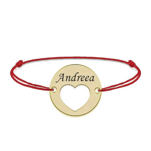 Heart - Bratara snur personalizata banut cu nume si inimioara din argint 925 placat cu aur galben 24K