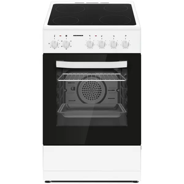 HEINNER Aragaz electric HEINNER HFSC-S56E4VWH, plita vitroceramica, 4 zone de gatit, Cuptor electric, Clasa A, Grill, Ventilatie, 50x60 cm, Alb