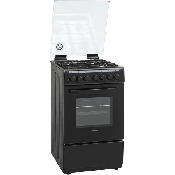 HEINNER Aragaz Heinner HFSC-V60LITGC-BK, Mixt, 4 arzatoare, Aprindere electrica plita, Dispozitiv de siguranta plita, Cuptor electric, 6 functii, Timer, Grill, Duze GPL incluse, Tava si gratar cromat, 60 cm, Negru