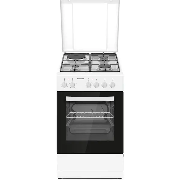 HEINNER Aragaz mixt Heinner HFSC-S56E1HSWH, 3 arzatoare gaz + 1 plita electrica, aprindere electrica arzatoare, cuptor electric, clasa A, grill, 50x60 cm, Alb