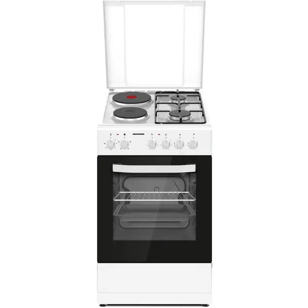 HEINNER Aragaz mixt Heinner HFSC-S56E2HSWH, 2 arzatoare gaz + 2 plite electrice, aprindere electrica arzatoare, cuptor electric, clasa A, grill, 50x60 cm, Alb