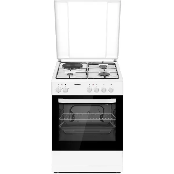 HEINNER Aragaz mixt Heinner HFSC-S60E1HSWH, 3 arzatoare gaz + 1 plita electrica, aprindere electrica arzatoare, cuptor electric, clasa A, grill, 60x60cm, Alb
