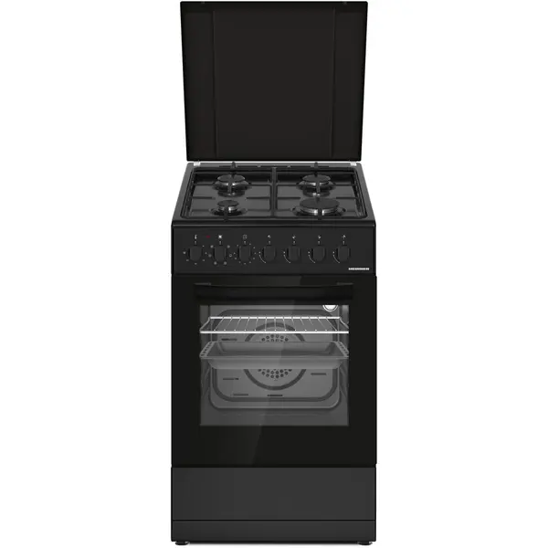 HEINNER Aragaz mixt HEINNER HFSC-S60LITGC-BK, 4 arzatoare, Suport email, Capac metalic, Arindere electrica plita, Dispozitiv de siguranta plita, Cuptor electric, Clasa A, 7 functii, Timer, Grill, Ventilatie, Duze GPL incluse, Negru