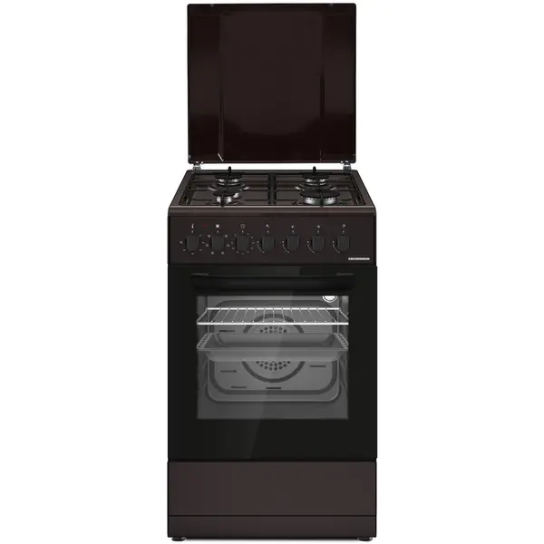 HEINNER Aragaz mixt HEINNER HFSC-S60LITGC-BRW, 4 arzatoare, Suport email, Capac metalic, Arindere electrica plita, Dispozitiv de siguranta plita, Cuptor electric, Clasa A, 7 functii, Timer, Grill, Ventilatie, Duze GPL incluse, Maro