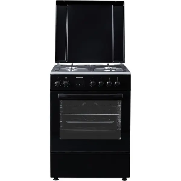 HEINNER Aragaz mixt Heinner HFSC-S66FDCC-IBK, digital, 4 arzatoare, cuptor electric, autocuratare catalitica, timer, grill, ventilatie, aprindere electrica plita, sertar inferior vase, 60x60 cm, Negru