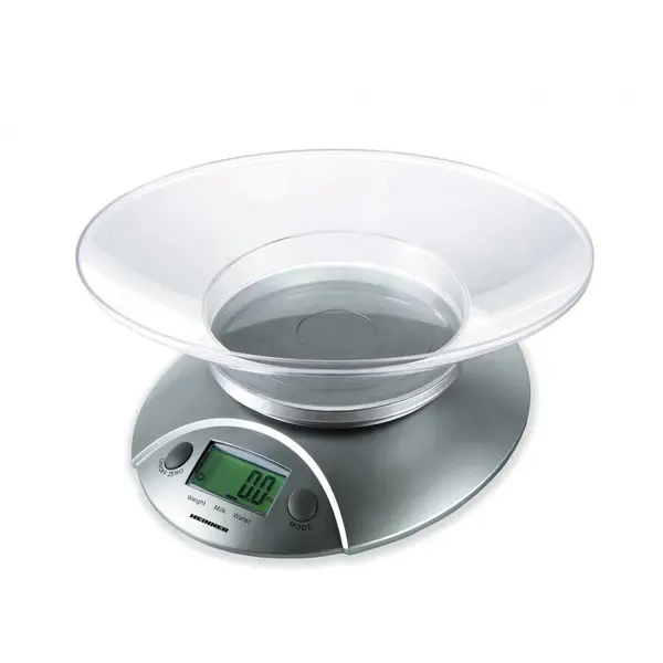 HEINNER Cantar de bucatarie cu Bol Heinner HKS-5SL, 5 Kg, Tara, functie cantarire lichide, 1 g, display lcd, Argintiu