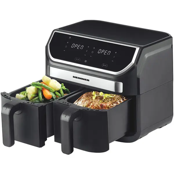 HEINNER Friteuza dubla cu aer cald Heinner Double Master HAF-KDB1700BK, 8.5L, 1700W, doua cosuri detasabile antiaderente, tehnologie de circulare rapida a aerului, display digital cu control Touch, 11 programe presetate, 80-200 grade, timer 60 min, Negru