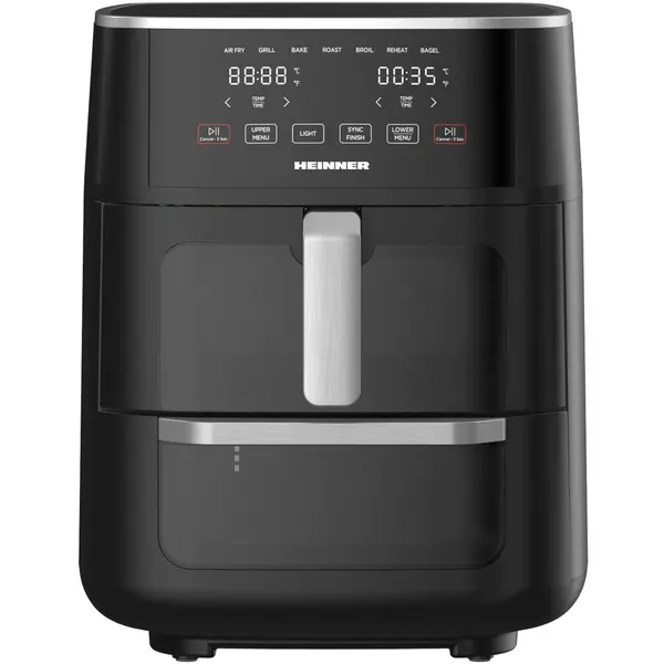 HEINNER Friteuza dubla cu aer cald Heinner OvenFry Cook HAFO-M11BK1700, 1550-1850W, capacitate 11L, panou de comanda electronic, 10 programe presetate, timp maxim de preparare: 90 min, fereastra supraveghere si lumina interioara, Negru