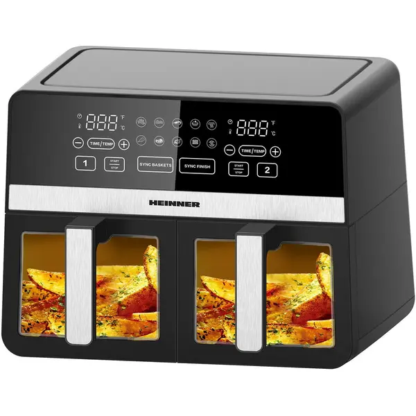HEINNER Friteuza dubla cu aer cald Heinner SimCook HAF-K10DB24BK, 2400W, capacitate 9.5L, termostat reglabil cu afisaj LED, control digital individual, 10 programe prestabilite, temporizator 60 min. cu avertizare sonora, Negru