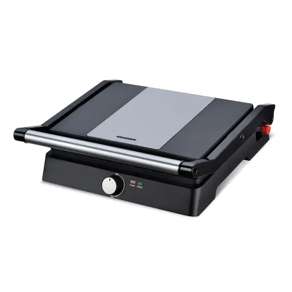 HEINNER Gratar electric Heinner HEPG-F2000BKSS, placi fixe antiadezive, deschidere 180°, temperatura reglabila, Negru/Inox