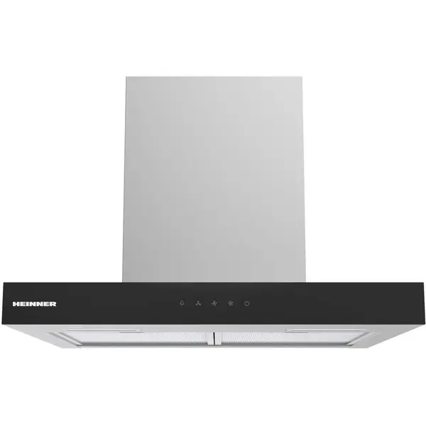 HEINNER Hota decorativa Heinner HDCH-MD60TIX, 60cm, design t-shape, 800 m³/h, 4 trepte de viteza, motor: 1 x 250w, lumina led: 2 x 1.5w, 2 filtre aluminiu, control touch, senzor miscare, diametru tub evacuare: 150mm, Inox+Sticla Neagra