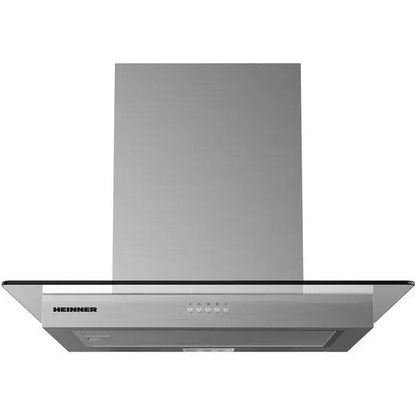 HEINNER Hota decorativa Heinner HDCH-MD630GIX, 60cm, design t-shape, 630 m3/h, 3 trepte de viteza, motor: 1 x 215w, lumina led: 2 x 1.5w, 1 filtru aluminiu, butoane tip “push”, diametru tub de evacuare: 150 mm, Inox+sticla