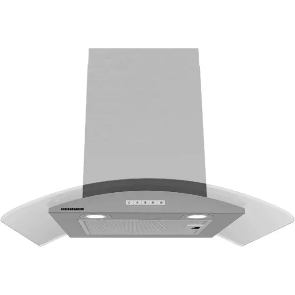 HEINNER Hota decorativa Heinner HDCH-MD800GIX, 60cm, design t-shape, 800 m3/h, 3 trepte de viteza, motor: 1 x 250w, lumina led: 2 x 1.5w, 1 filtru aluminiu, control touch, diametru tub de evacuare: 150 mm, Inox+sticla