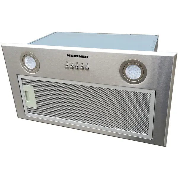 HEINNER Hota incorporabila Heinner HBIH-MD600IX, 610 m3/h, 3 trepte de viteza, motor: 1 x 215w, lumina led: 2 x 1.5w, 1 filtru aluminiu, diametru tub de evacuare: 150 mm, inox