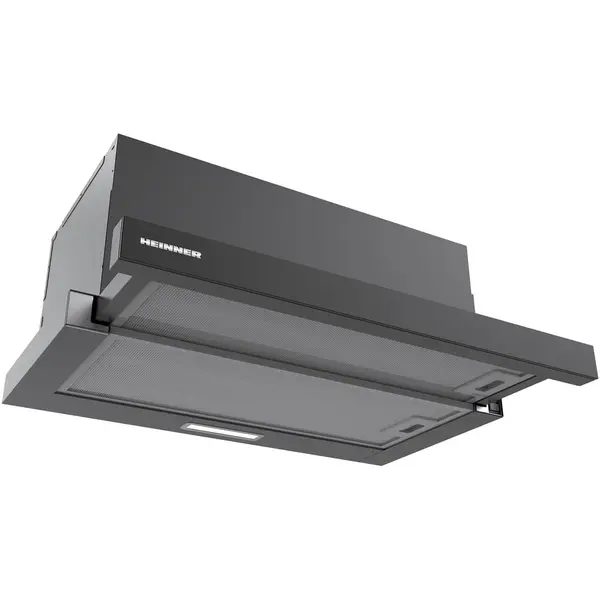 HEINNER Hota telescopica Heinner HTCH-MD600GBK, 60cm, 630 m3/h, 2 trepte de viteza, motor: 1 x 215w, lumina led: 1 x 1.5w, 2 filtre aluminiu, diametru tub de evacuare: 150 mm, Negru si sticla