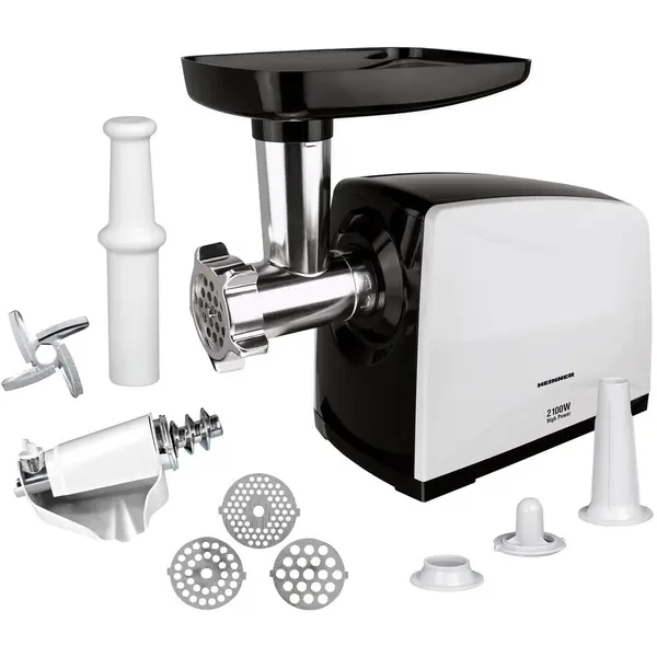 HEINNER Masina de tocat carne Heinner MG-2100BKWH, 2100 W, accesoriu rosii, Cutit Inox, Negru/Alb