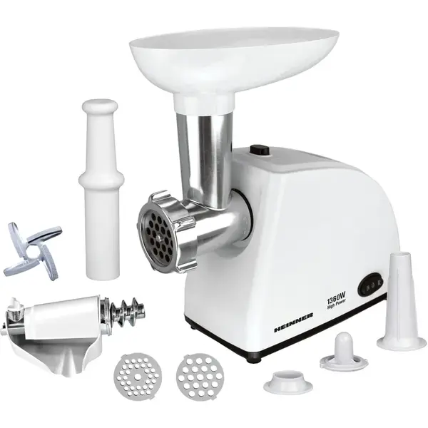 HEINNER Masina de tocat Heinner MG-W1200R, 1200W, accesoriu pentru rosii, accesoriu pentru carnati, cutit din inox, 3 site de taiere