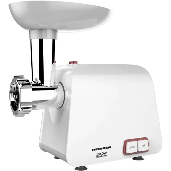 HEINNER Masina de tocat Heinner Pearl 1340 MG-1340WH, 1340 W, accesoriu de rosii si carnati, cutit din inox, functie Reverse, 2 site de taiere, capacitate de tocare 1,2 kg/min, Alb