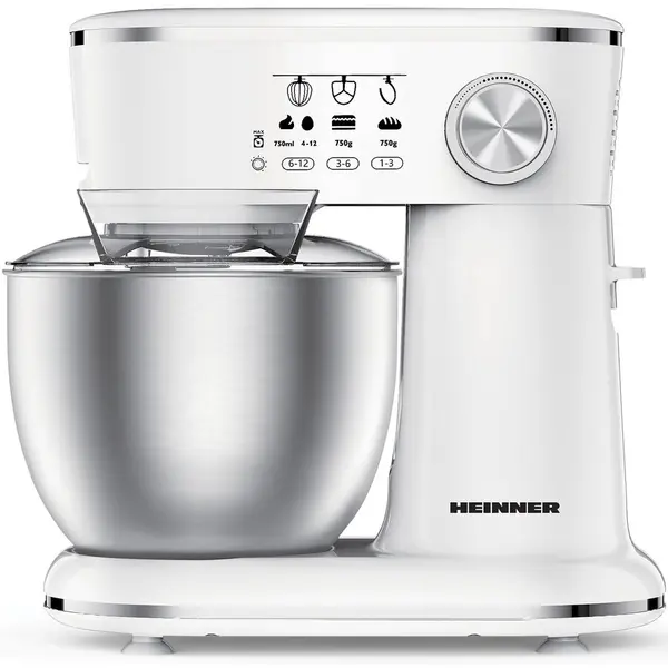 HEINNER Mixer planetar Heinner HPM-1000WHCH , 1000w, bol inox 5l, 10 viteze, accesorii tel, carlig framantare, paleta, capac transparent protectie, Alb
