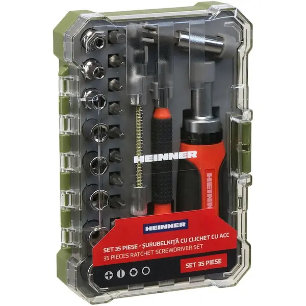 HEINNER Set 35 accesorii Heinner PCSS019, surubelnita cu clichet, surubelnita precisa, biti, biti precizie, tubulare din otel carbon, adaptor biti, extensie biti, extensie flexibila