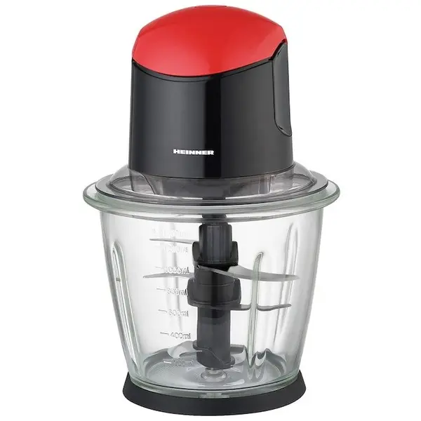 HEINNER Tocator de legume Heinner, bol sticla 1.5L, 3 cutite din inox, angrenaj metalic, baza anti-alunecare, sistem de siguranta, putere: 500W, culoare negru cu rosu