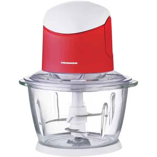 HEINNER Tocator de legume Heinner, bol sticla 1L, 2 cutite din inox, angrenaj metalic, baza anti-alunecare, sistem de siguranta, putere: 500W, culoare alb/rosu