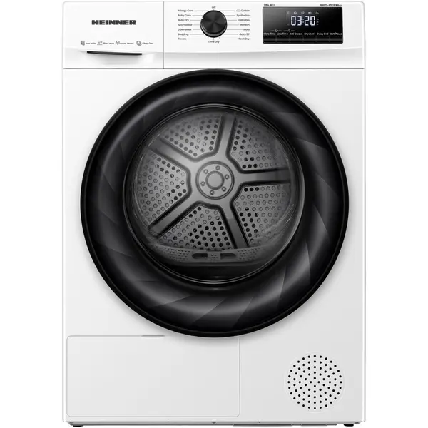 HEINNER Uscator de rufe Heinner HHPD-H90FRA++, Pompa de caldura, 9 kg, 15 programe, Clasa D, Display LED, Power AirFlow, Alb