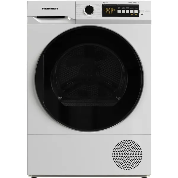 HEINNER Uscator de rufe Heinner HHPD-V9T2KA++, Pompa de caldura, 9 kg, 15 programe, Clasa E, Display LED, Purebeam+, Iluminat cuva, Usa reversibila, Indicator curatare filtru scame, Indicator rezervor colectare apa plin, Blocare acces copii, Alb