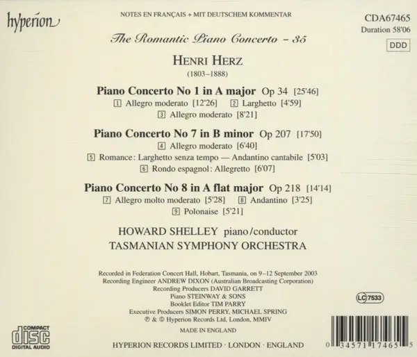Herz: Piano Concerto No 1, Op 34 / No 7, Op 207 / No 8, Op 218 | Howard Shelley, Tasmanian Symphony Orchestra