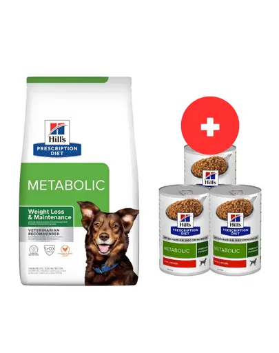HILL'S Prescription Diet Canine Metabolic 12 kg aliment caini supraponderali + 3 x 370g conserva hrana umeda GRATIS