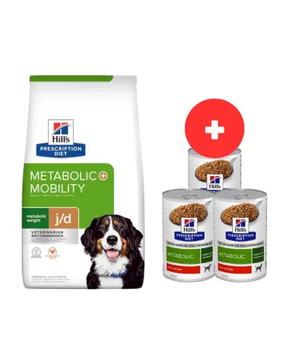 HILL'S Prescription Diet Canine Metabolic + Mobility 12 kg caini supraponderali + 3 x 370g conserve GRATIS