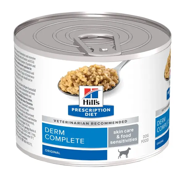 HILL'S Prescription Diet Derm Complete, XS-XL, Ou, dietă veterinară, conservă hrană umedă câini, piele & blană, (pate), 200g