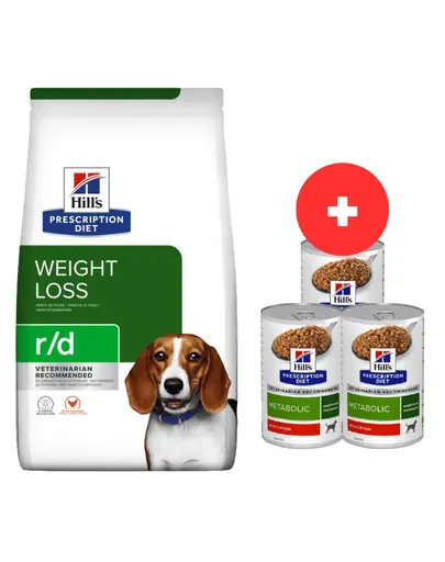 HILL'S Prescription Diet r/d Weight Reduction with Chicken Adult 10 kg hrana caine obez + 3 x 370g conserva hrana GRATIS