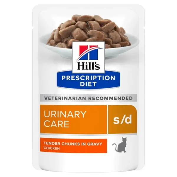 HILL'S Prescription Diet S/D, Pui, dietă veterinară, plic hrană umedă pisici, sistem urinar, (în sos), bax, 85g x 12buc