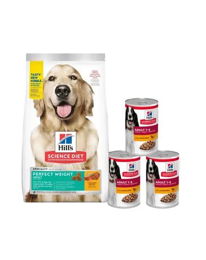 HILL'S Science Plan Adult 1+ Perfect Weight Large breed hrana uscata cu pui 12 kg + 3 conserve GRATIS