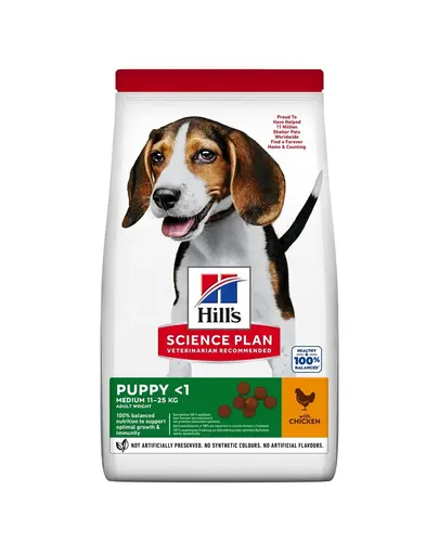 HILL'S Science Plan Canine Puppy Medium Chicken 18 kg hrana uscata catei talie medie, cu pui + 3 conserve GRATIS