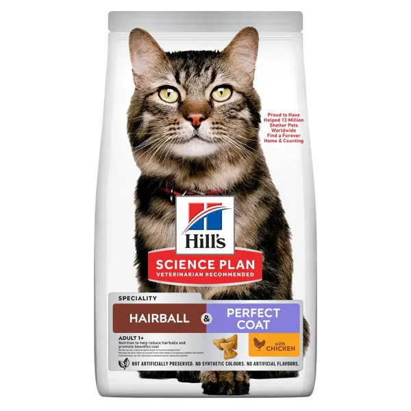 HILL'S Science Plan Hairball & Perfect Coat, Pui, hrană uscată pisici, limitarea ghemurilor de blană, 3kg
