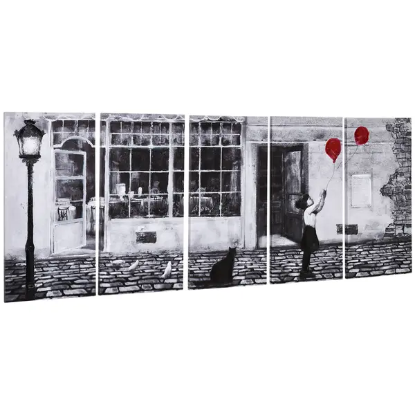 HOMCOM Ansamblu Artistic pe Pânză, 5 Tablouri Decorative cu Fată și Balon Roșu, Alb-Negru, Design Modern pentru Dormitor și Sufragerie, Cadou Ideal | Aosom Romania