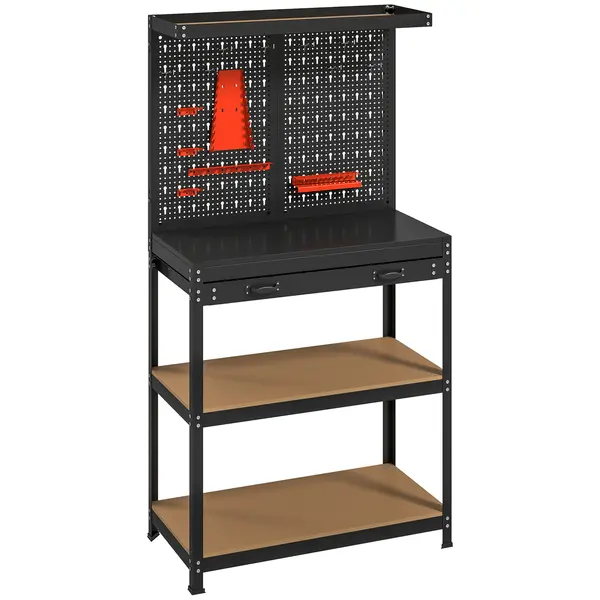 HOMCOM Banc de lucru cu panou perforat pentru scule, 2 rafturi și sertar, din oțel și lemn, 80x40,5x155 cm, negru | Aosom Romania