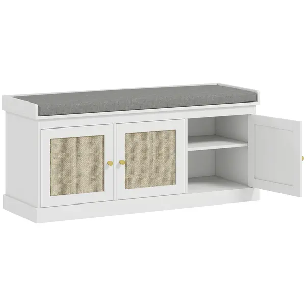 HOMCOM Banc pentru încălțăminte intrare 9 perechi, banc de depozitare, 3 uși din ratan, pernă și raft reglabil, 105x35x47cm, alb | Aosom Romania