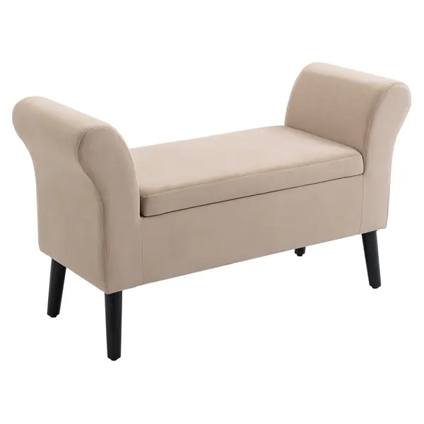 HOMCOM Bancă Captușită cu Depozitare, Bancă de Depozitare cu Brațe, Înălțime 46 cm a Șezutului, Catifea, 111,5 x 41 x 65 cm, Bej | Aosom Romania