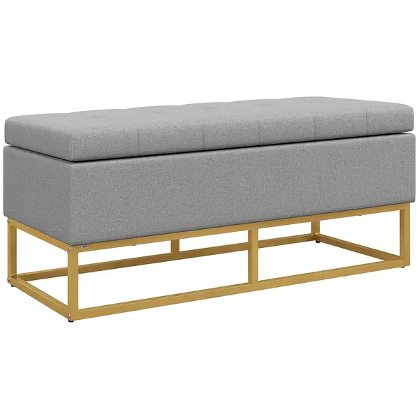 HOMCOM Bancă cu depozitare 2 în 1, scaun capitonat și picioare din oțel 110 x 44 x 48 cm gri și aurit | Aosom Romania
