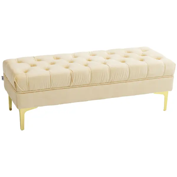 HOMCOM Bancă cu Husă Capitonată, Bancă Tapițată din Catifea cu Picioare Metalice, 118x45x42 cm, Bej | Aosom Romania