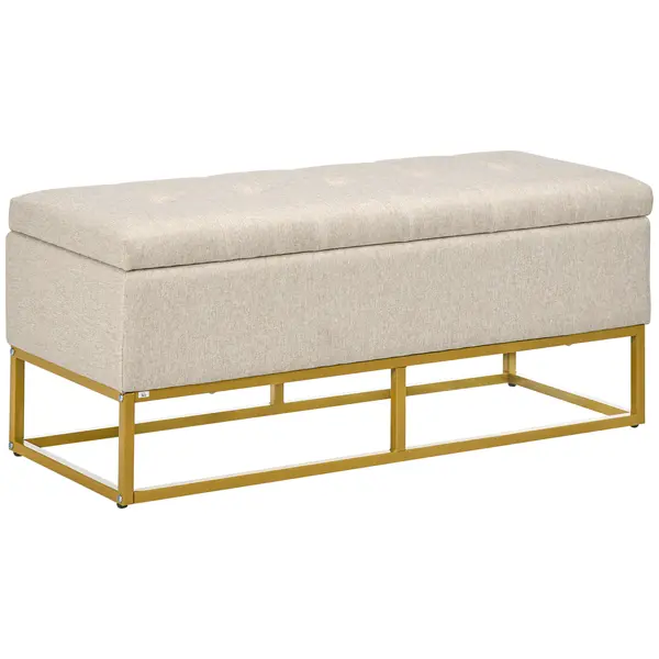 HOMCOM Bancă de Depozitare cu Șezut, Bancă Tapițată Dreptunghiulară, Taburet din Stofă de In cu Picioare de Oțel, 110x44x48 cm, Bej | Aosom Romania