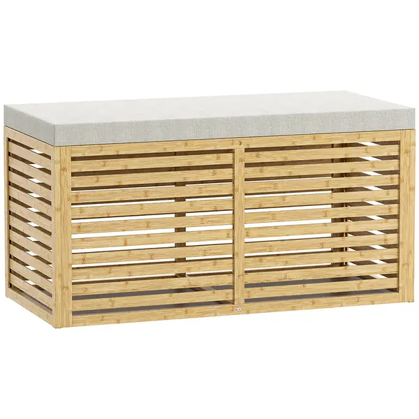 HOMCOM Bancă de depozitare, cufăr tapițat din material cu aspect de in, capac și structură din bambus, gri și lemn natural | Aosom Romania